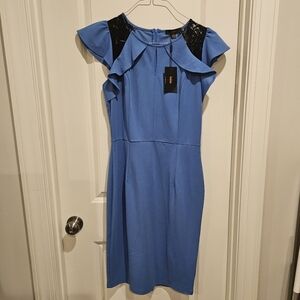 NWT Elegant Blue Dress with Black Lace Accents Midi Knitee Size L